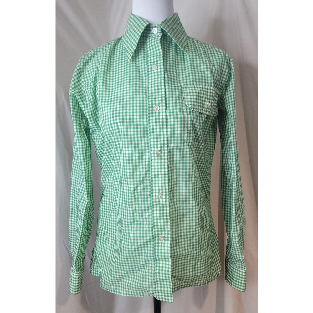70s Green Gingham Button Up Shirt Saska Skiwear Hong Kong Nylon Cottagecore